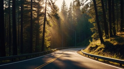 Road Forest, Road in the forest, A highway road passes through a forest, blurred lens flare light, sunlight morning, sun rising, 