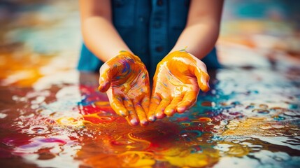 Child dipping hands in colorful paints, joyous expression, closeup, natural light - obrazy, fototapety, plakaty