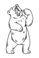 Full-length bear eats dumpling. Young Bear in restaurant or cafe and holds fork. Doodle character.