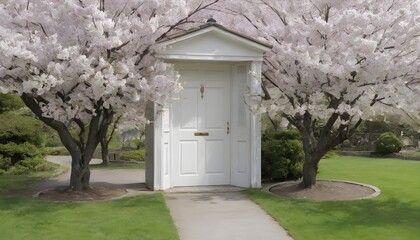 Fototapeta na wymiar A White Door Surrounded By Blooming Cherry Trees In A Garden