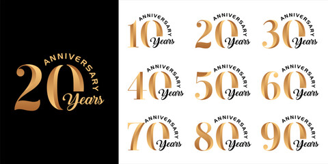 Collection of 10th to 100th Anniversary vector template designs with modern number style in gold color for celebration events, weddings, greeting cards and invitations