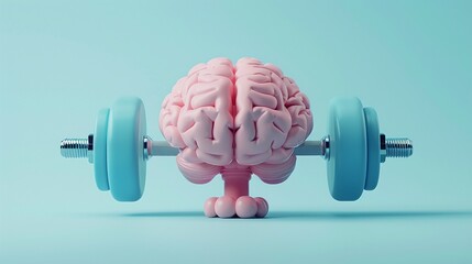 Conceptual Illustration of Brain Health, Anthropomorphic Brain Character with Dumbbells, Cognitive Strength Training, Light Blue Minimalist Background, close-up - obrazy, fototapety, plakaty