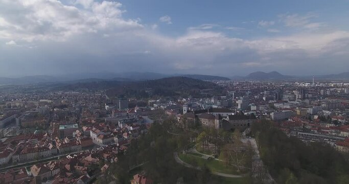 top view of the city in the center of which there is a medieval castle on a hill. droneshot of Ljubljana. view of Ljubljana, the capital of Slovenia.