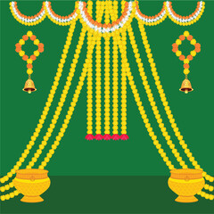 Backdrop Decoration of traditional Indian wedding with flowers for Haldi ceremony