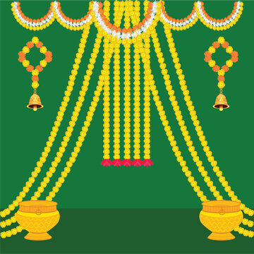 Backdrop Decoration of traditional Indian wedding with flowers for Haldi ceremony