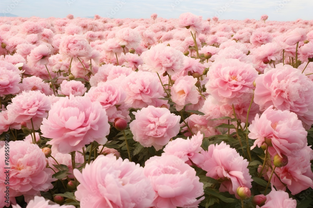 Wall mural A lush field of Pink Peonies flowers wallpaper background, beautiful nature, dreamy