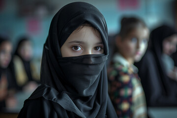 Portrait d'une belle jeune fille naturelle de religion islamiste vétue de noir avec un voile dans une salle de classe - 769559114