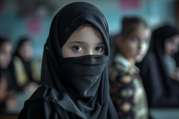 Türaufkleber Portrait d'une belle jeune fille naturelle de religion islamiste vétue de noir avec un voile dans une salle de classe © Chlorophylle