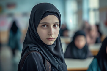 Portrait d'une belle jeune fille naturelle de religion islamiste vétue de noir avec un voile dans une salle de classe - 769559115