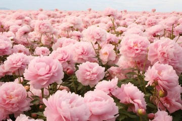 A lush field of Pink Peonies flowers wallpaper background, beautiful nature, dreamy