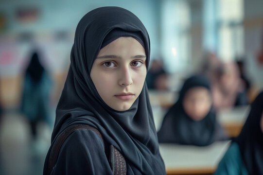 Portrait d'une belle jeune fille naturelle de religion islamiste v&eacute;tue de noir avec un voile dans une salle de classe