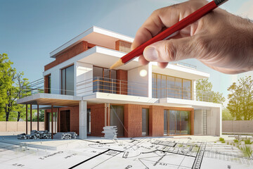 Projet de construction d'une maison d'habitation moderne d'architecte sous forme d'esquisse avec plan et main qui dessine - 769559315
