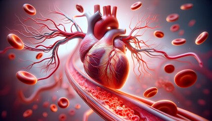 a human heart with arteries and veins surrounded by red blood cells, depicting the cardiovascular system and blood circulation. 3d illustration. - obrazy, fototapety, plakaty