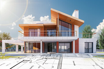 Projet de construction d'une maison d'habitation moderne d'architecte sous forme d'esquisse avec plan - 769559513
