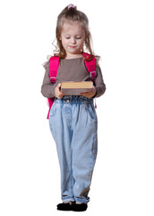 Girl child with backpack and books smiling looking on white background isolation. Childhood, education, products children