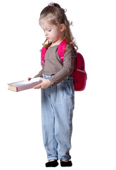 Girl child with backpack and books smiling looking giving on white background isolation. Childhood, education, products children