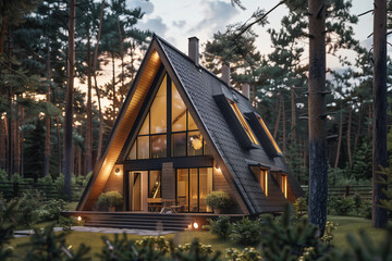 Projet de maison d'architecte en bois naturel avec un toit à deux pentes au milieu de la forêt