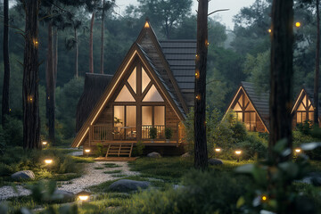 Projet de maison d'architecte en bois naturel avec un toit à deux pentes au milieu de la forêt - obrazy, fototapety, plakaty
