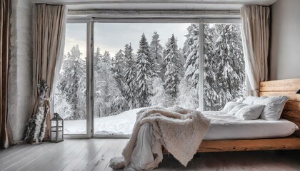 Winter Wonderland Retreat: Cozy Bedroom with Snowy Forest View"