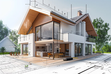 Projet de construction d'une maison d'habitation moderne d'architecte sous forme d'esquisse avec plan - 769559761