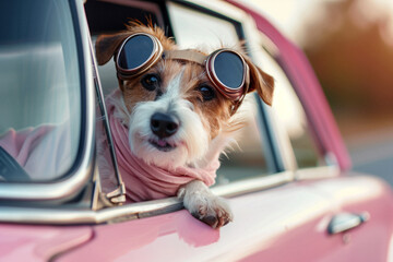 Petit chien mignon et heureux  de race  terrier regardant par la fenêtre d'une voiture vintage rose - obrazy, fototapety, plakaty