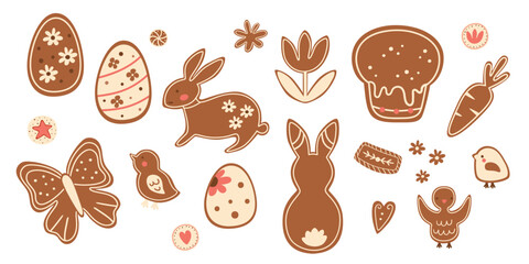 Easter gingerbread cookies set. Rabbit bunny, flower, Easter eggs, Easter cake, birds. Vector spring food illustration, tasty bakery elements for holiday decor. Hand drawn cute biscuits, desserts