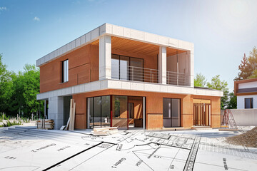 Projet de construction d'une maison d'habitation moderne d'architecte sous forme d'esquisse avec plan - 769559907