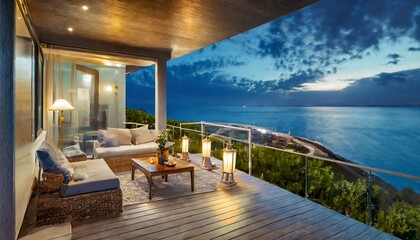 Oceanfront Serenity: Modern Cottage Terrace Night View"