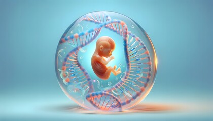 a human fetus encased within a transparent bubble, surrounded by a large DNA double helix, emphasizing the concepts of life and genetic makeup. 3d illustration.