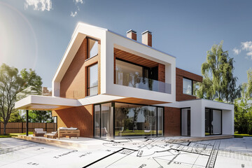 Projet de construction d'une maison d'habitation moderne d'architecte sous forme d'esquisse avec plan - obrazy, fototapety, plakaty