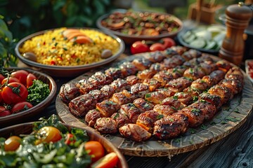 An overhead shot of a table filled with traditional Eid delicacies - obrazy, fototapety, plakaty