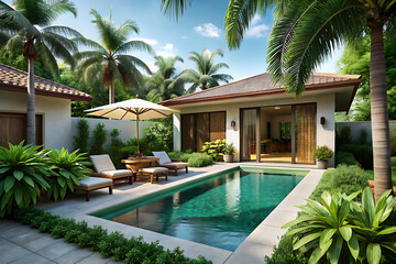 house building Exterior and interior design showing tropical pool villa with green garden