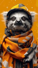 Fototapeta premium Stylish, whimsical sloth character in urban wear, looking at camera: digitally created funny sloth character with a human-like pose dressed in trendy street fashion