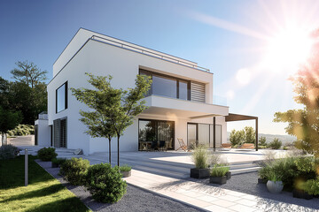 Belle maison d'architecte blanche moderne à toit plat avec jardin - 769560155