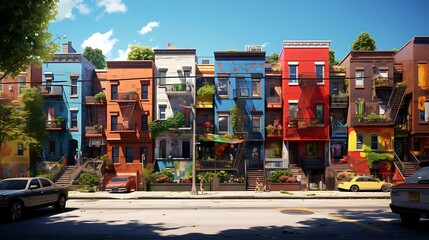A vibrant street scene capturing the essence of a multicultural urban neighborhood. - obrazy, fototapety, plakaty
