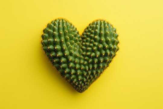 A human heart made of cactus material, covered in green spikes, against a yellow background, minimalist style