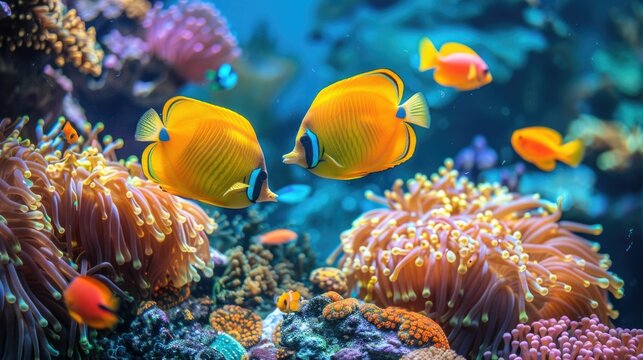 Underwater world of a tropical coral reef Colorful schools of tropical fish swim amidst the intricate,vibrant coral formations
