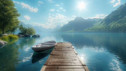 Tranquil lakeside morning with a lone boat moored to a weathered wooden pier