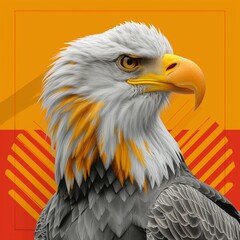 Obraz premium Majestic eagle portrait on orange background: digital artwork of a detailed bird of prey head with a bold orange backdrop, highlighting its fierce gaze