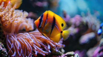 Naklejka na ściany i meble Beauty and vibrant colors of a tropical fish swimming near a lush,colorful coral reef The fish's fins and scales gleam with an array of vivid hues