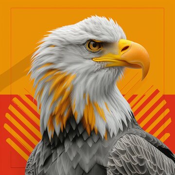 Majestic eagle portrait on orange background: digital artwork of a detailed bird of prey head with a bold orange backdrop, highlighting its fierce gaze