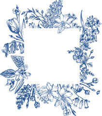 Floral pattern with square frame. Blue drawing. Save the date card. Garden spring flowers.