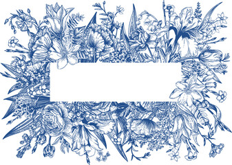 Floral frame. Card with place for text. Horizontal. Ranunculus, forest anemone, white iris, carnation, flax, forget-me-not, lilac, levkoy. Blue drawing. - obrazy, fototapety, plakaty