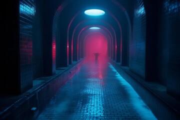 Swimming pool with neon light in a tunnel fully tiled