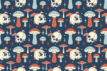 Dark seamless wallpaper. Cottage core Halloween aesthetic, trippy vision, floral tricky backdrop. Spooky night background with mushrooms and skulls