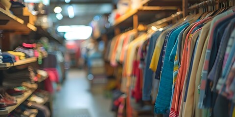 Blurry background of a secondhand clothing shop selling used items like clothing accessories books and household items. Concept Secondhand Clothing Shop, Used Items, Blurry Background, Unique Finds