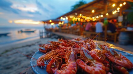 Beachfront restaurant,where patrons are indulging in a delectable seafood feast The setting features a coastal landscape with the ocean and sand - obrazy, fototapety, plakaty