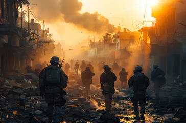 A group of soldiers are walking through a war zone. The sky is orange and the sun is setting. Scene is tense and serious