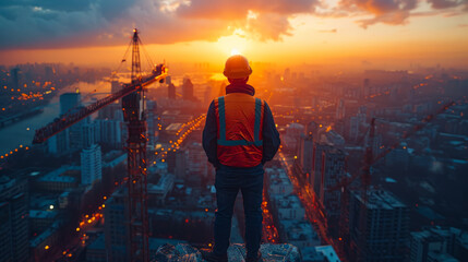 A construction worker stands on a rooftop overlooking a city at sunset. Concept of solitude and contemplation as the worker gazes out over the urban landscape - obrazy, fototapety, plakaty