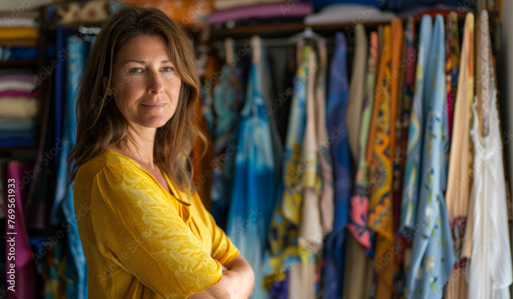 Poster Woman stands in front of wall of fabric.